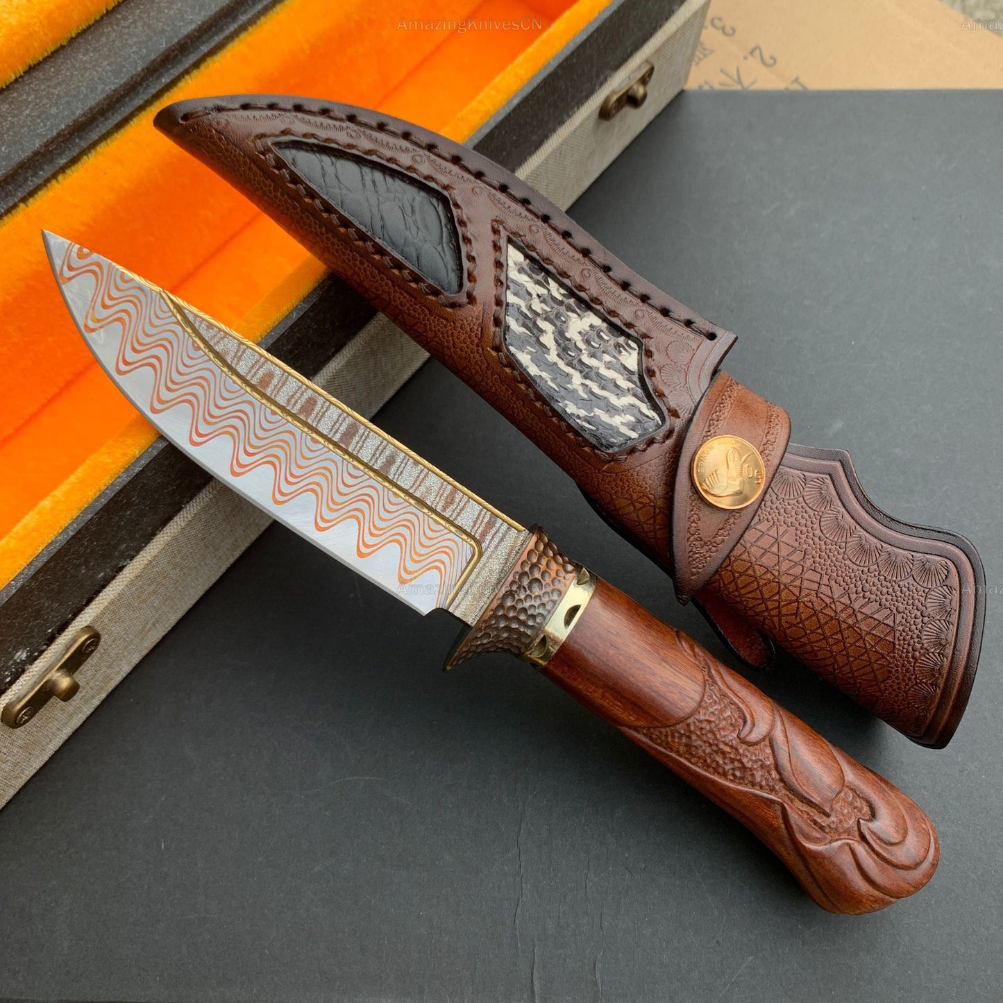 Collectible Handcrafted Copper Damascus Steel Knife Full Tang Desert Ironwood - AK-HT0910-1