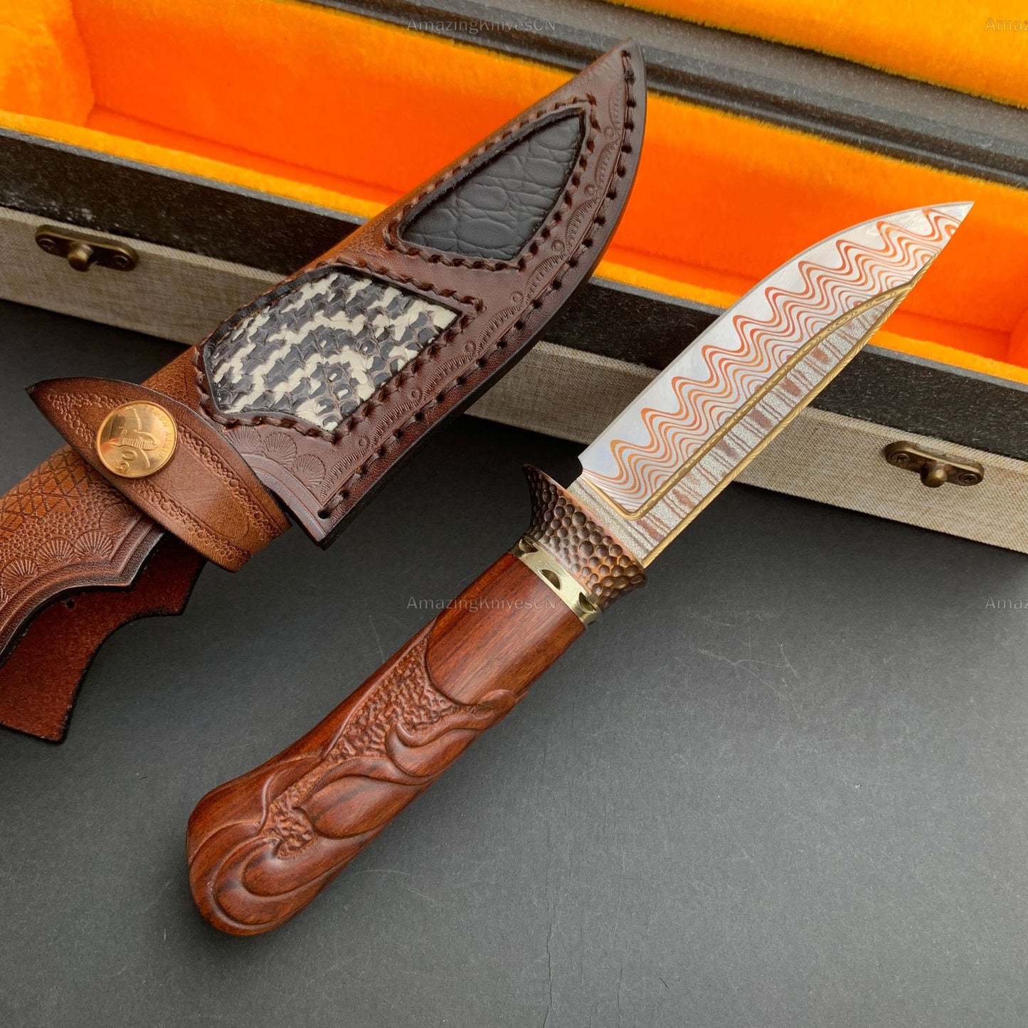 Collectible Handcrafted Copper Damascus Steel Knife Full Tang Desert Ironwood - AK-HT0910-1