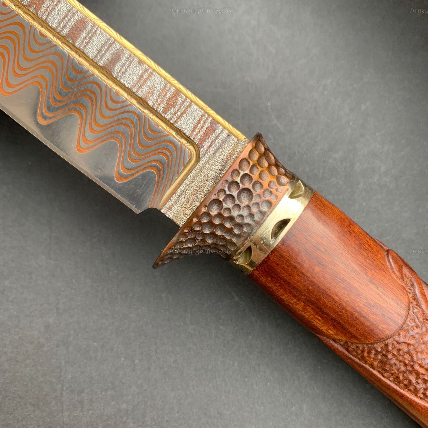 Collectible Handcrafted Copper Damascus Steel Knife Full Tang Desert Ironwood - AK-HT0910-1