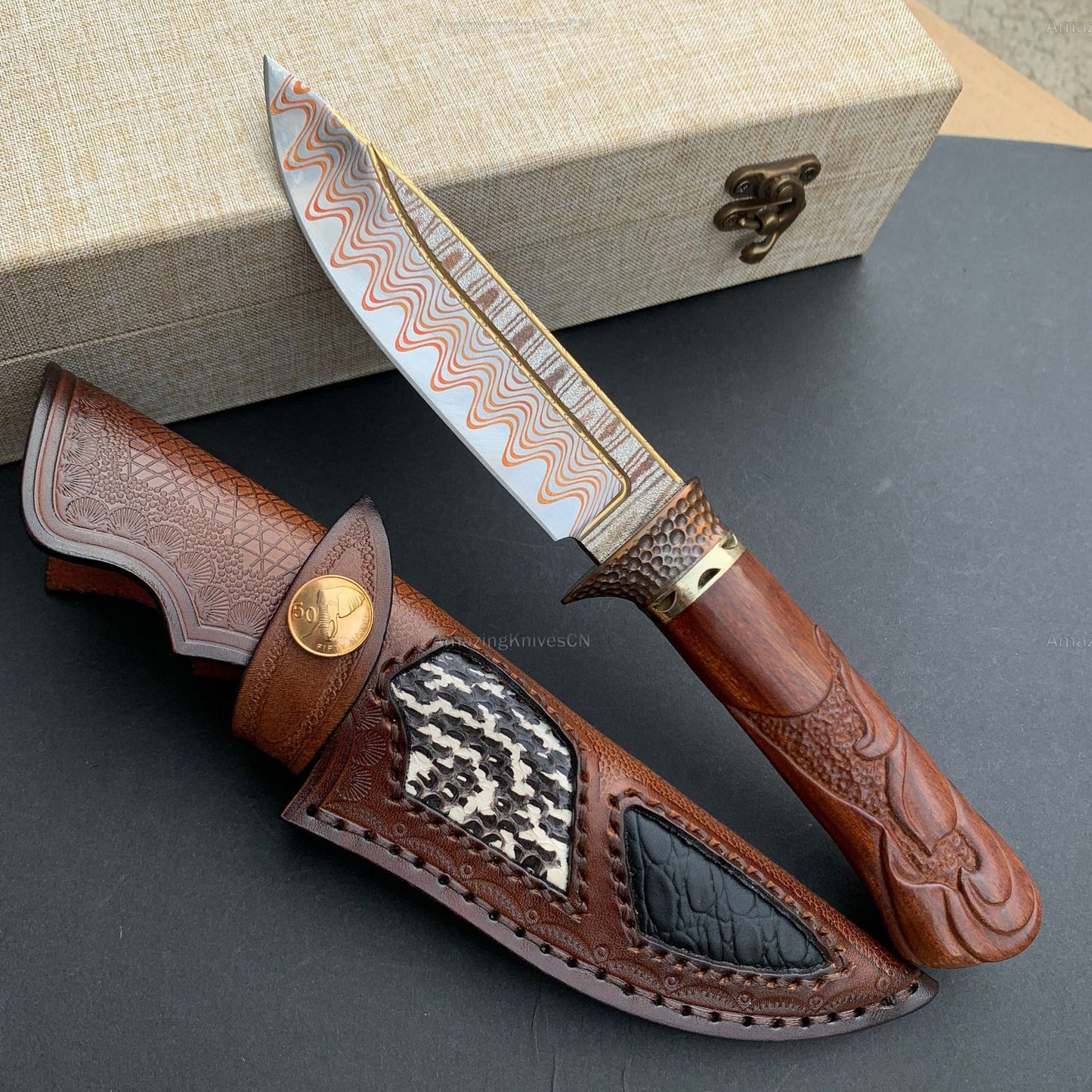 Collectible Handcrafted Copper Damascus Steel Knife Full Tang Desert Ironwood - AK-HT0910-1