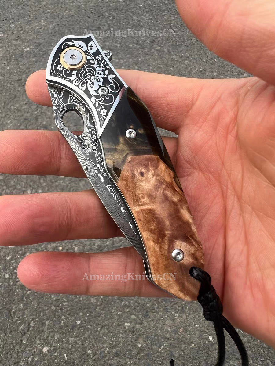 Handcrafted Damascus Folding Knife – VG10 Core | Exquisite Resin & Burl Wood Handle | EDC / Gift-Ready - AK-HT0997