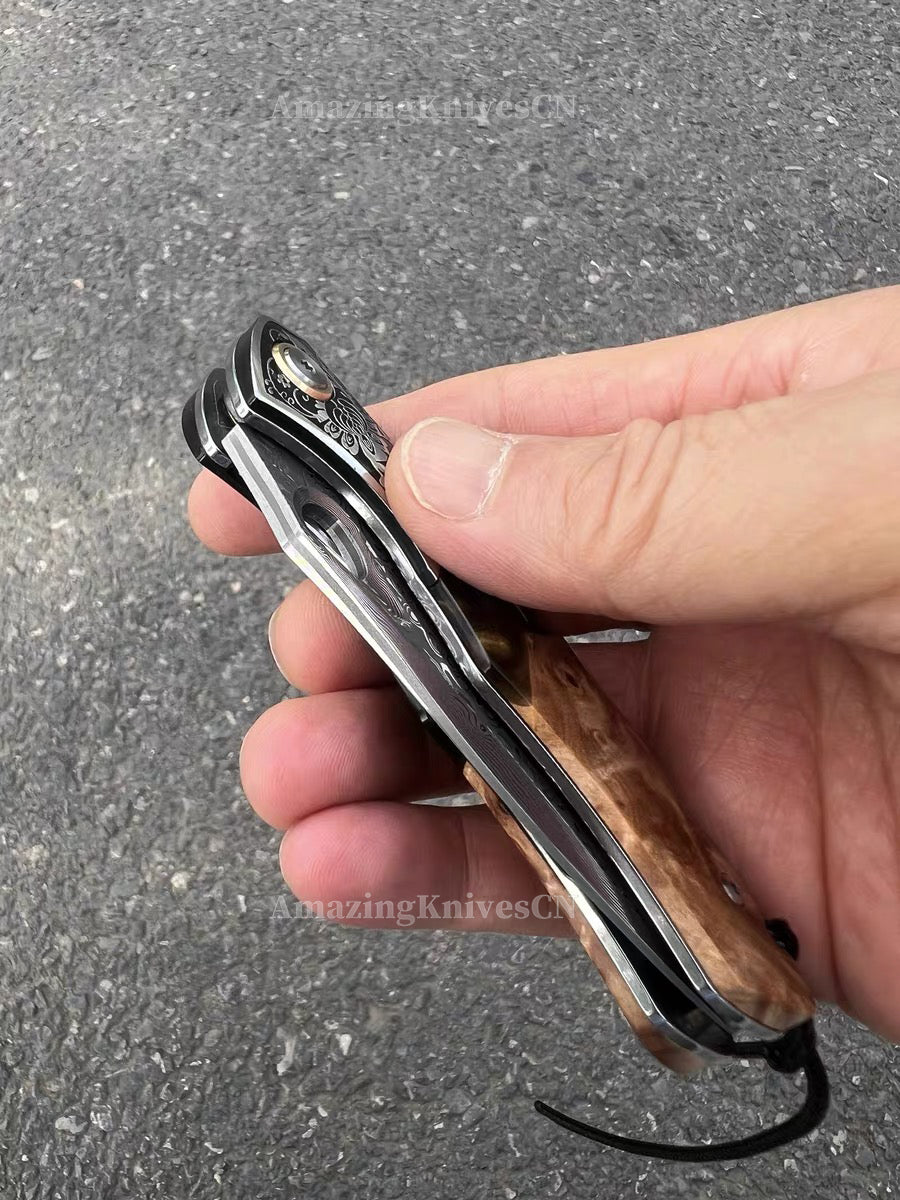 Handcrafted Damascus Folding Knife – VG10 Core | Exquisite Resin & Burl Wood Handle | EDC / Gift-Ready - AK-HT0997