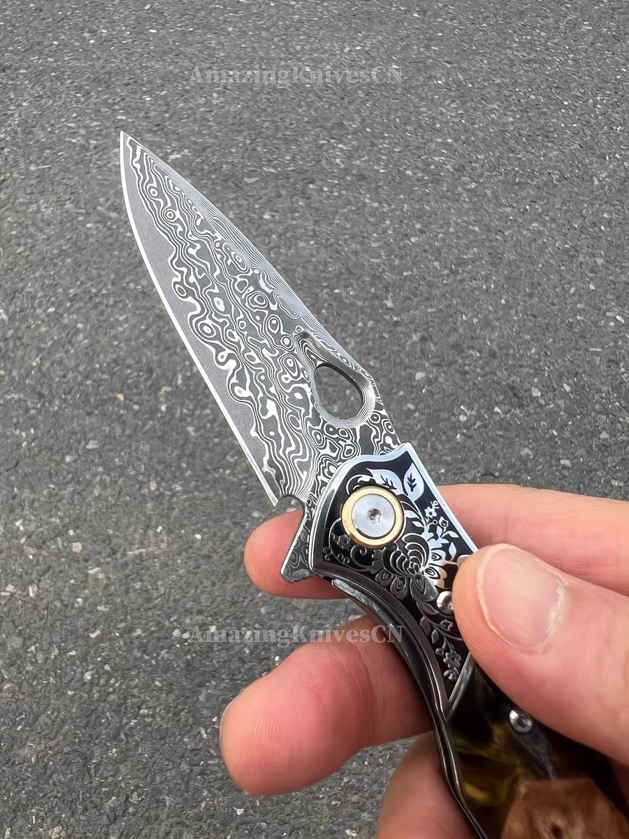Handcrafted Damascus Folding Knife – VG10 Core | Exquisite Resin & Burl Wood Handle | EDC / Gift-Ready - AK-HT0997