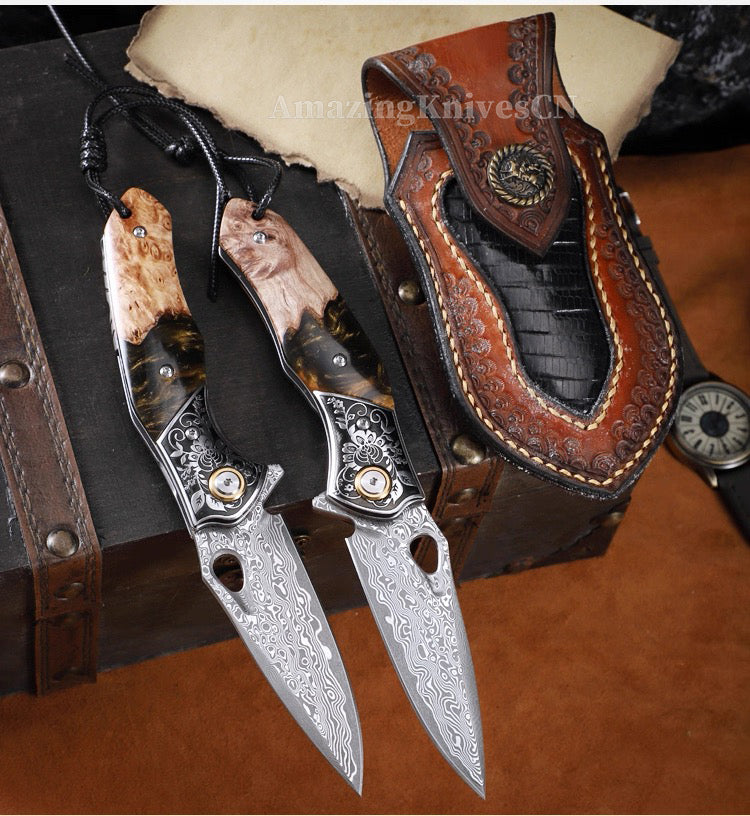 Handcrafted Damascus Folding Knife – VG10 Core | Exquisite Resin & Burl Wood Handle | EDC / Gift-Ready - AK-HT0997