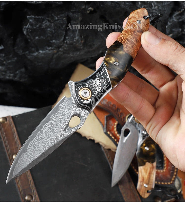 Handcrafted Damascus Folding Knife – VG10 Core | Exquisite Resin & Burl Wood Handle | EDC / Gift-Ready - AK-HT0997