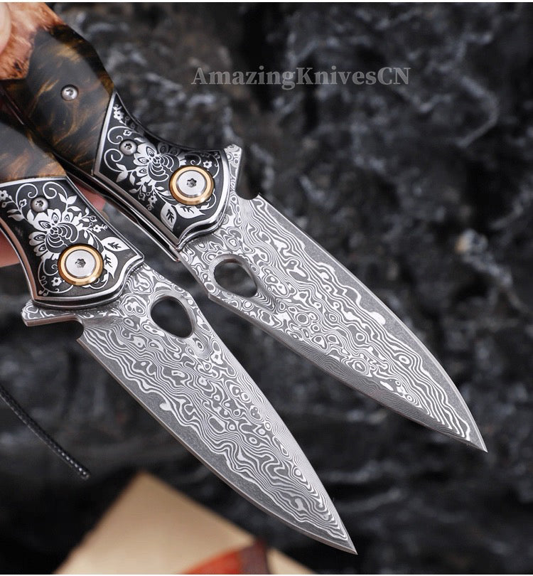 Handcrafted Damascus Folding Knife – VG10 Core | Exquisite Resin & Burl Wood Handle | EDC / Gift-Ready - AK-HT0997