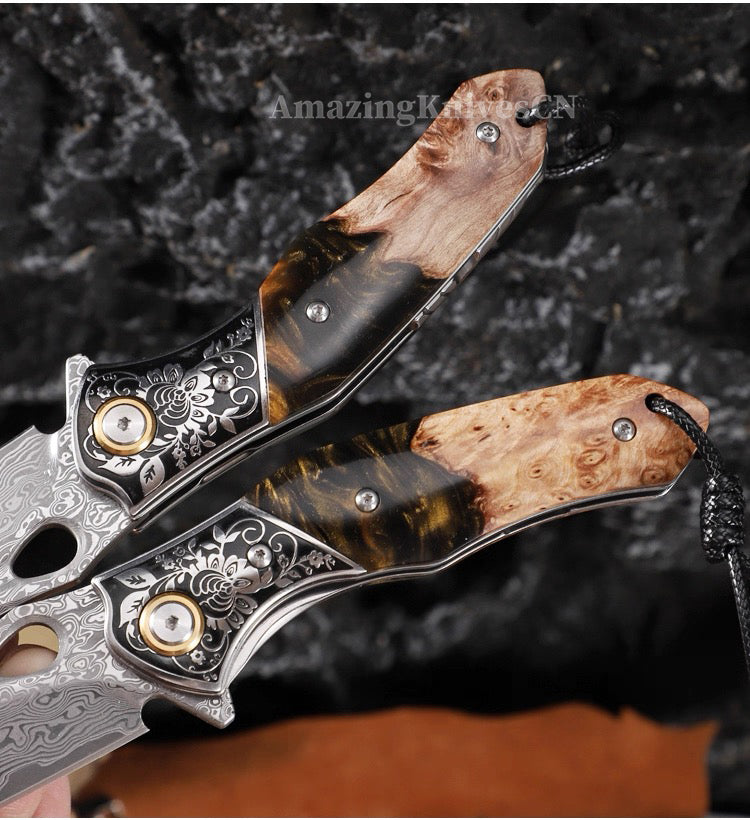 Handcrafted Damascus Folding Knife – VG10 Core | Exquisite Resin & Burl Wood Handle | EDC / Gift-Ready - AK-HT0997
