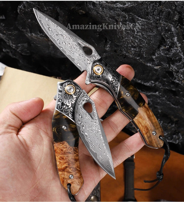 Handcrafted Damascus Folding Knife – VG10 Core | Exquisite Resin & Burl Wood Handle | EDC / Gift-Ready - AK-HT0997