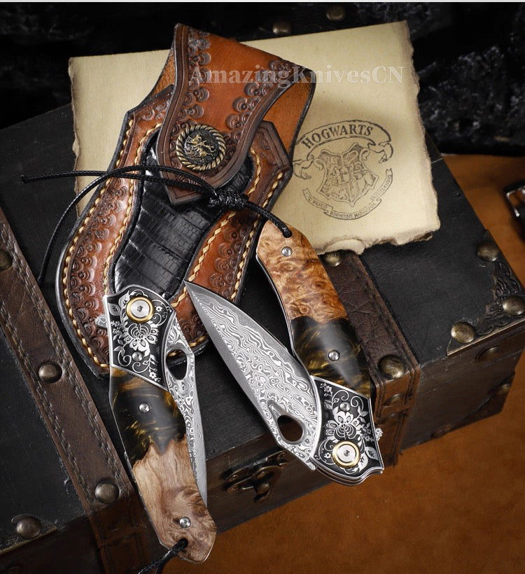 Handcrafted Damascus Folding Knife – VG10 Core | Exquisite Resin & Burl Wood Handle | EDC / Gift-Ready - AK-HT0997