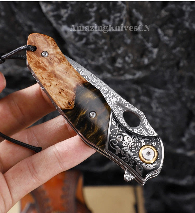 Handcrafted Damascus Folding Knife – VG10 Core | Exquisite Resin & Burl Wood Handle | EDC / Gift-Ready - AK-HT0997