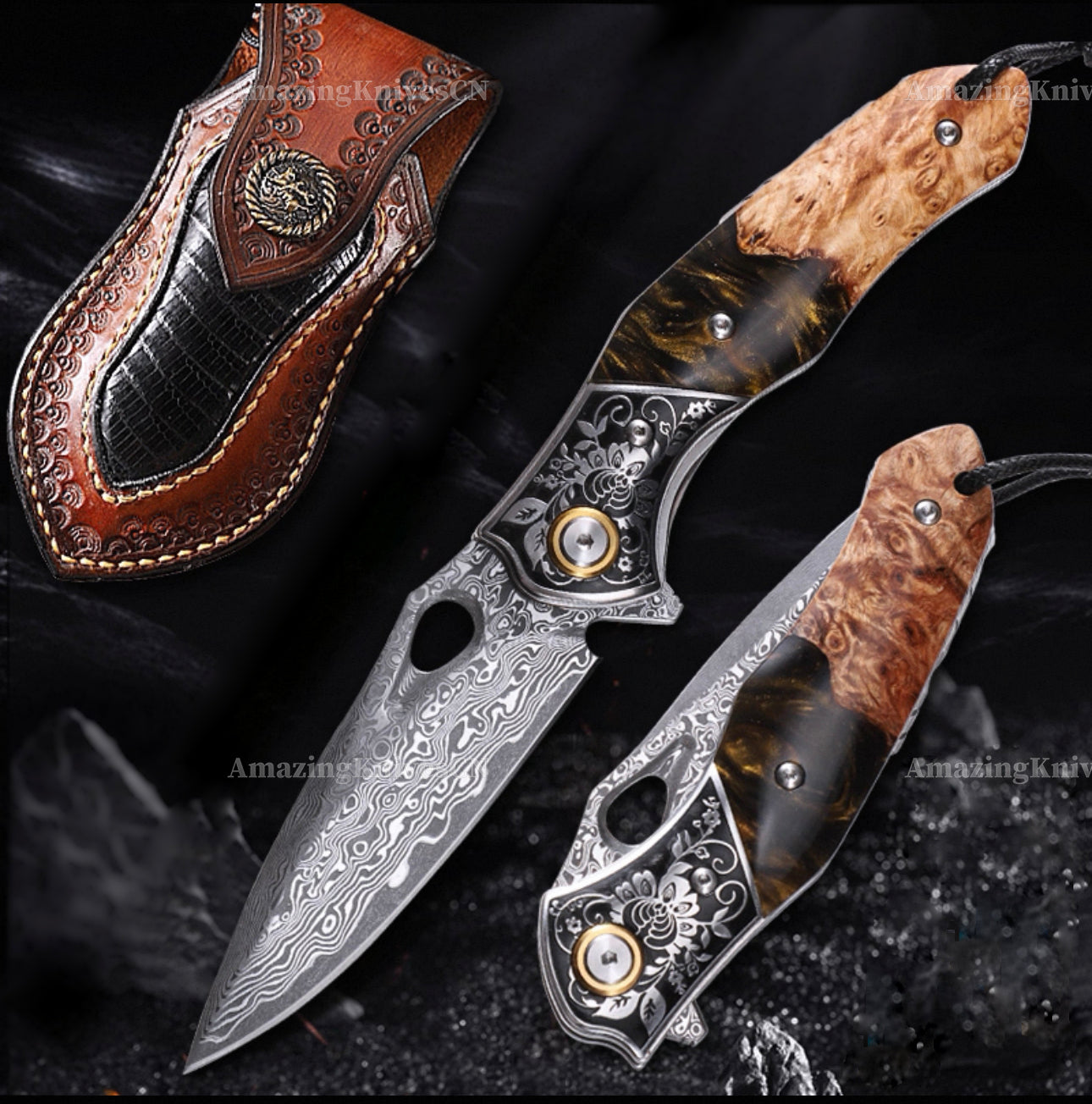 Handcrafted Damascus Folding Knife – VG10 Core | Exquisite Resin & Burl Wood Handle | EDC / Gift-Ready - AK-HT0997