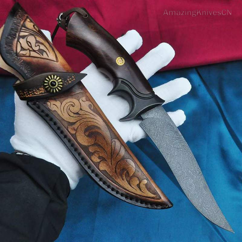 Handcrafted Wootz Steel Fixed Blade Outdoor Collectible Knife Desert Ironwood Handle with Leather Sheath - AK-HT0838