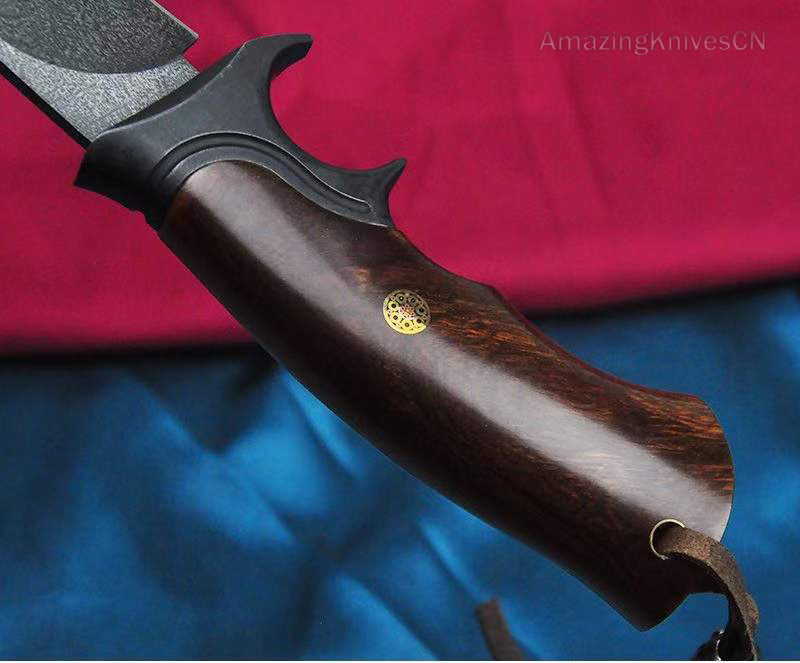 Handcrafted Wootz Steel Fixed Blade Outdoor Collectible Knife Desert Ironwood Handle with Leather Sheath - AK-HT0838