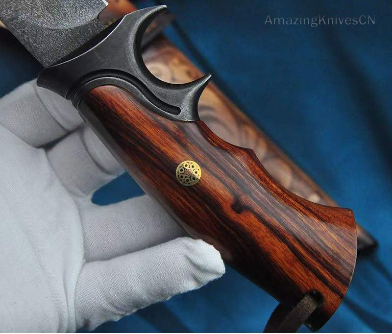 Handcrafted Wootz Steel Fixed Blade Outdoor Collectible Knife Desert Ironwood Handle with Leather Sheath - AK-HT0838