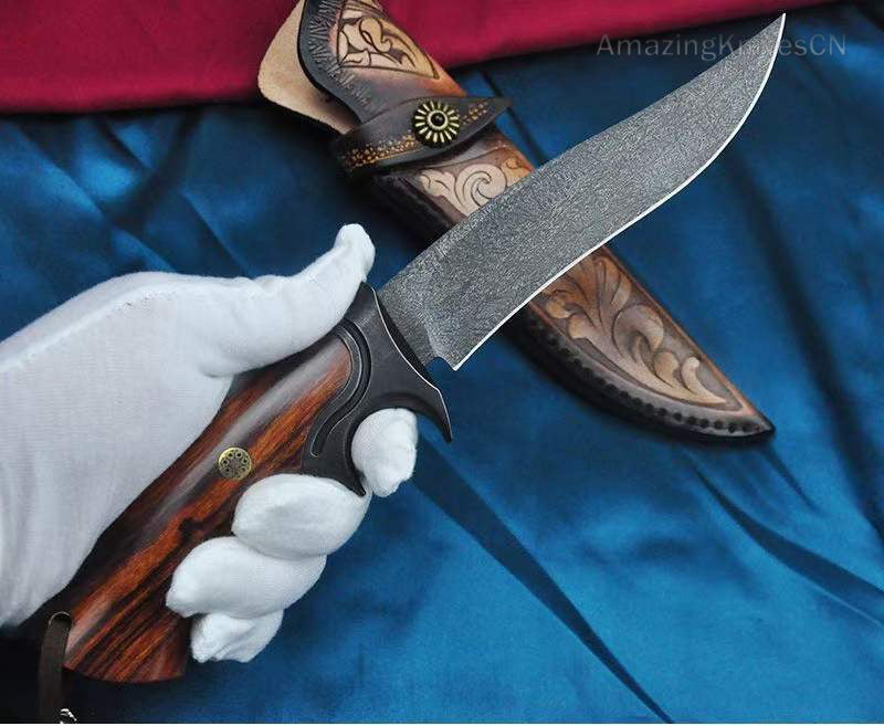 Handcrafted Wootz Steel Fixed Blade Outdoor Collectible Knife Desert Ironwood Handle with Leather Sheath - AK-HT0838