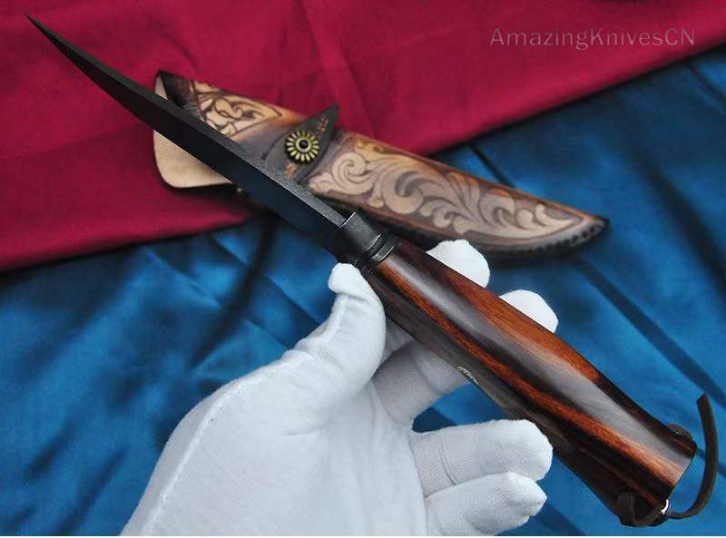 Handcrafted Wootz Steel Fixed Blade Outdoor Collectible Knife Desert Ironwood Handle with Leather Sheath - AK-HT0838