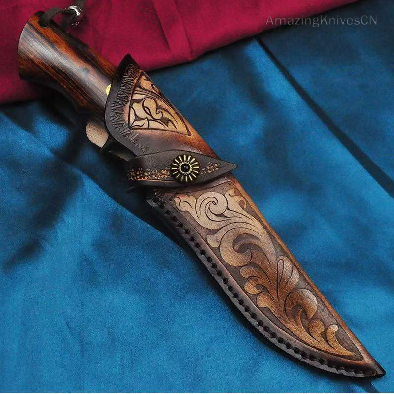 Handcrafted Wootz Steel Fixed Blade Outdoor Collectible Knife Desert Ironwood Handle with Leather Sheath - AK-HT0838