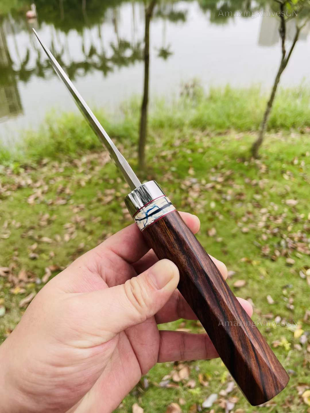 High Quality M390 Steel Bowie Knife Fixed Blade Ironwood Handle with Leather Sheath - AK-HT0839-M