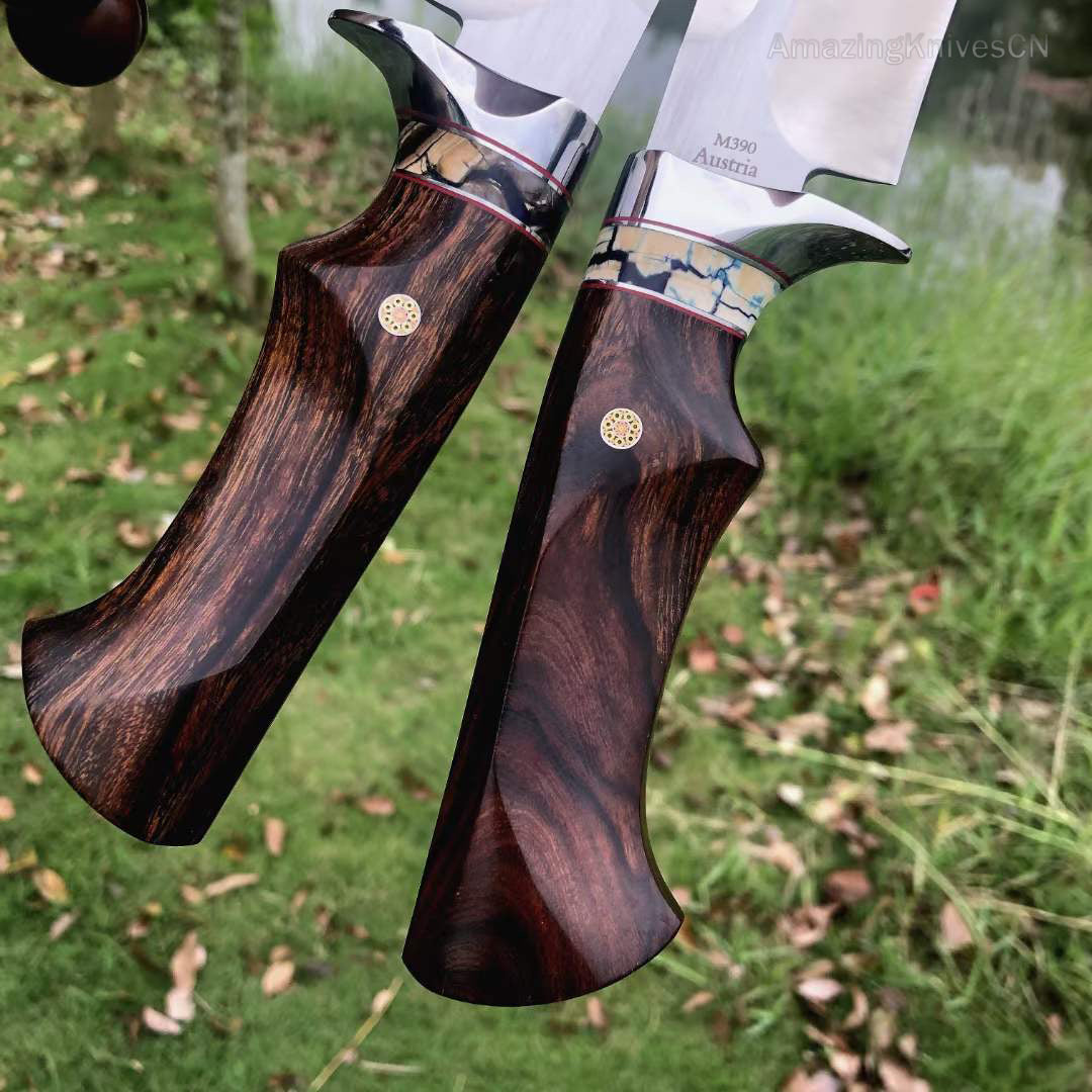 High Quality M390 Steel Bowie Knife Fixed Blade Ironwood Handle with Leather Sheath - AK-HT0839-M