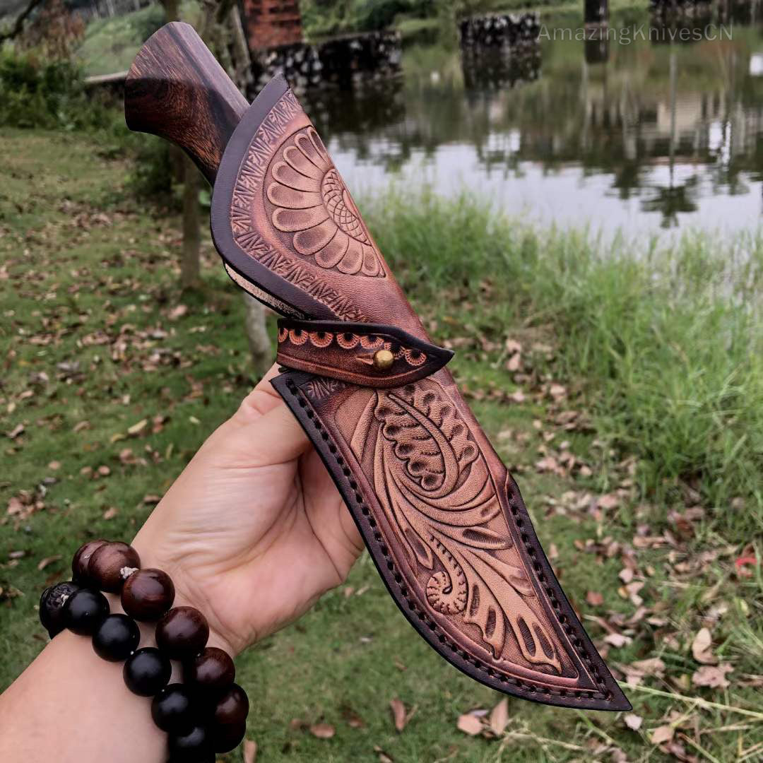 High Quality M390 Steel Bowie Knife Fixed Blade Ironwood Handle with Leather Sheath - AK-HT0839-M