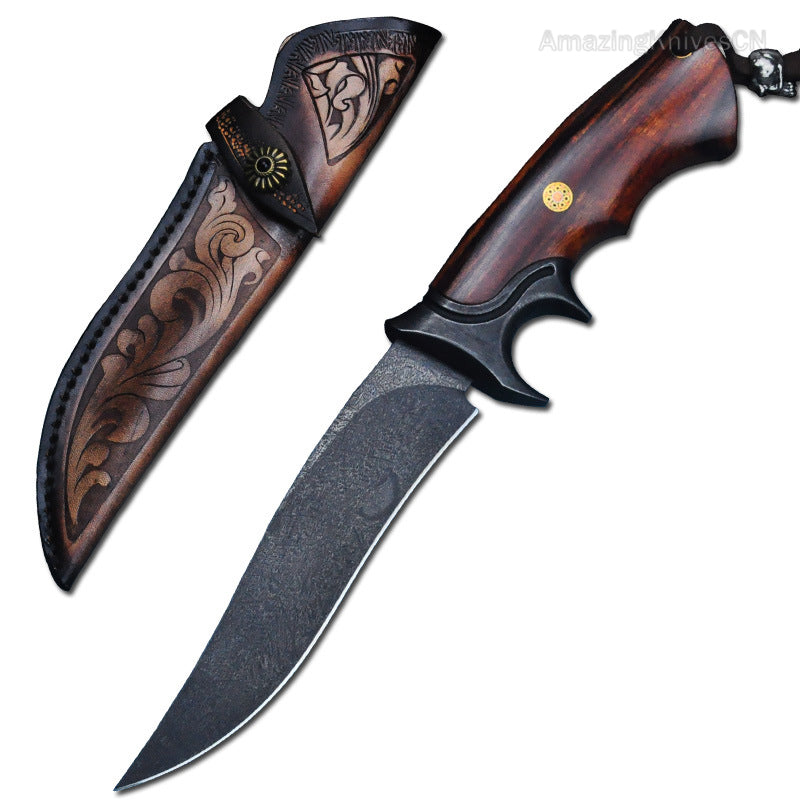 Handcrafted Wootz Steel Fixed Blade Outdoor Collectible Knife Desert Ironwood Handle with Leather Sheath - AK-HT0838