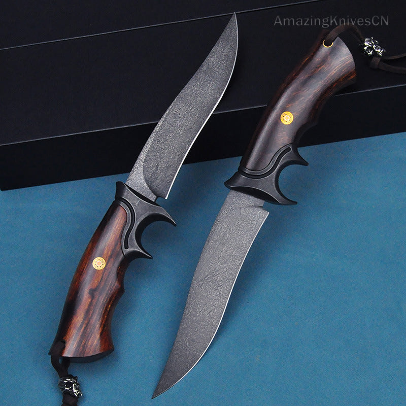 Handcrafted Wootz Steel Fixed Blade Outdoor Collectible Knife Desert Ironwood Handle with Leather Sheath - AK-HT0838