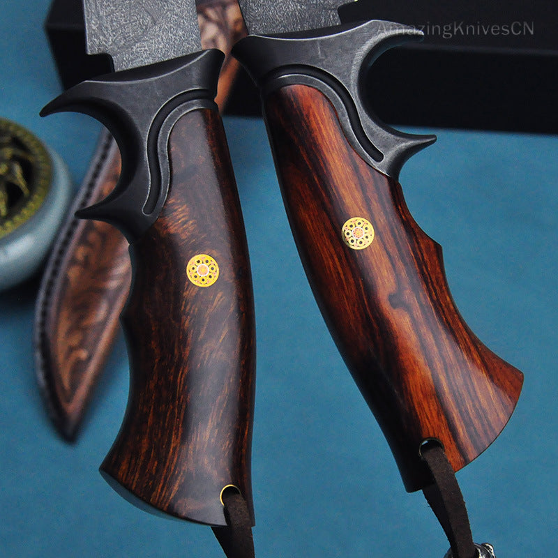 Handcrafted Wootz Steel Fixed Blade Outdoor Collectible Knife Desert Ironwood Handle with Leather Sheath - AK-HT0838