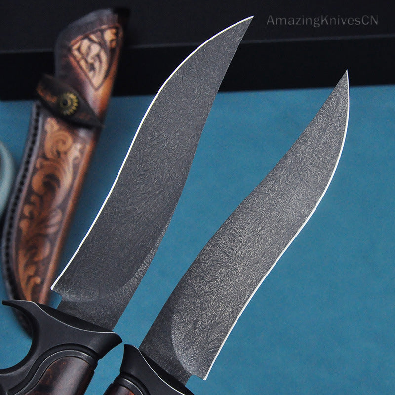 Handcrafted Wootz Steel Fixed Blade Outdoor Collectible Knife Desert Ironwood Handle with Leather Sheath - AK-HT0838