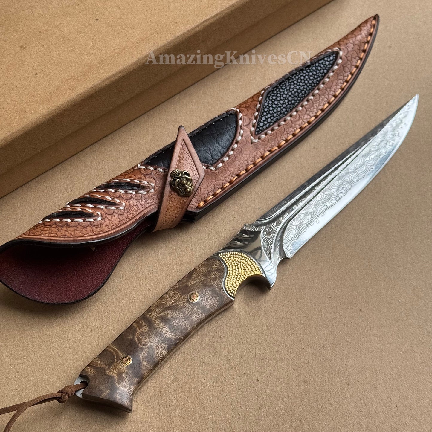 VG10 DAMASCUS HUNTING KNIFE FIXED BLADE FULL TANG - AK-HT0442-O