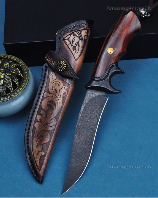 Handcrafted Wootz Steel Fixed Blade Outdoor Collectible Knife Desert Ironwood Handle with Leather Sheath - AK-HT0838