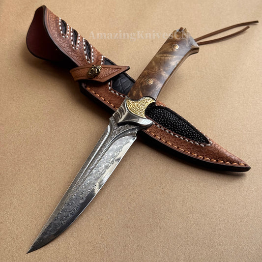 VG10 DAMASCUS HUNTING KNIFE FIXED BLADE FULL TANG - AK-HT0442-O