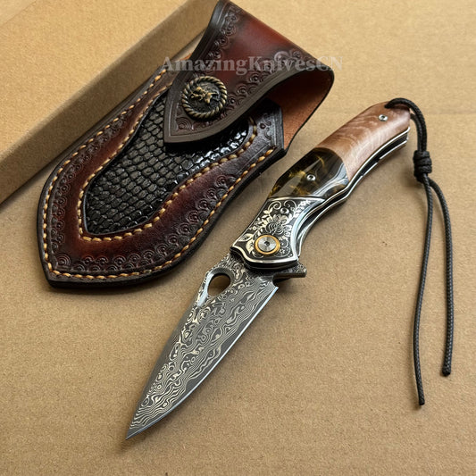 Handcrafted Damascus Folding Knife – VG10 Core | Exquisite Resin & Burl Wood Handle | EDC / Gift-Ready - AK-HT0997