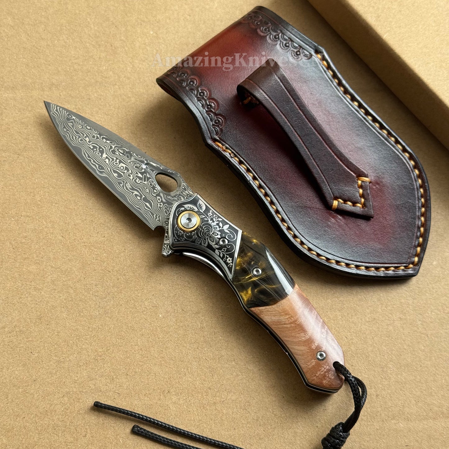 Handcrafted Damascus Folding Knife – VG10 Core | Exquisite Resin & Burl Wood Handle | EDC / Gift-Ready - AK-HT0997