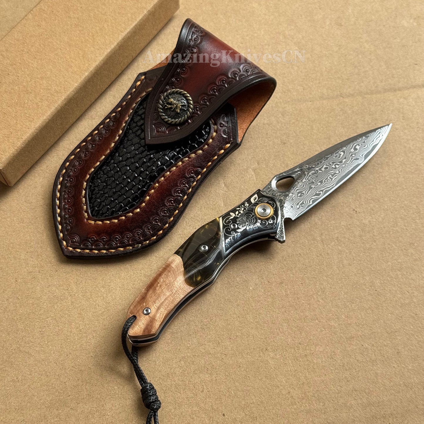 Handcrafted Damascus Folding Knife – VG10 Core | Exquisite Resin & Burl Wood Handle | EDC / Gift-Ready - AK-HT0997