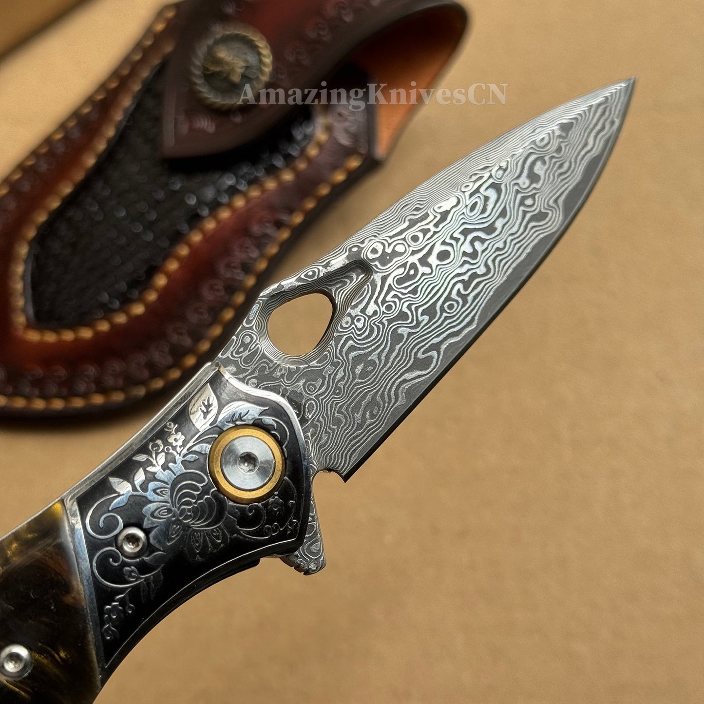 Handcrafted Damascus Folding Knife – VG10 Core | Exquisite Resin & Burl Wood Handle | EDC / Gift-Ready - AK-HT0997