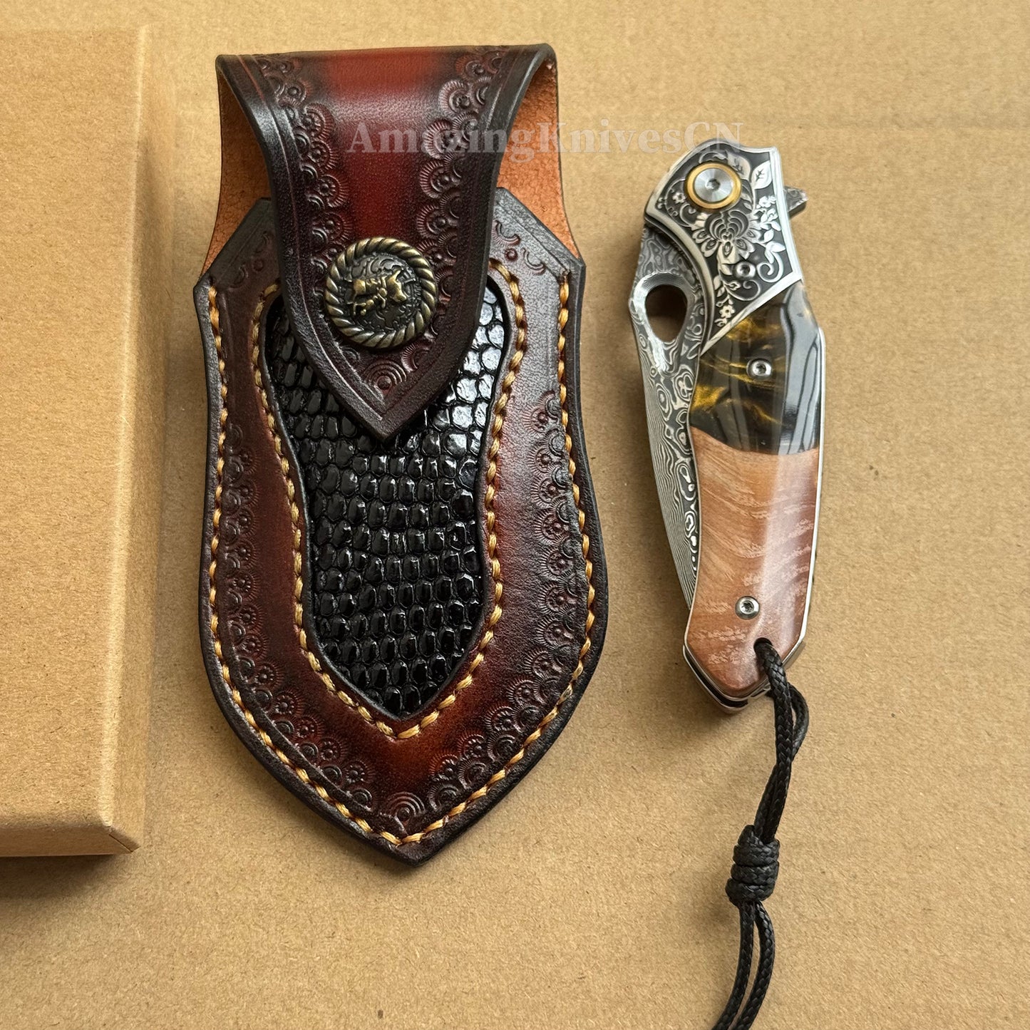 Handcrafted Damascus Folding Knife – VG10 Core | Exquisite Resin & Burl Wood Handle | EDC / Gift-Ready - AK-HT0997