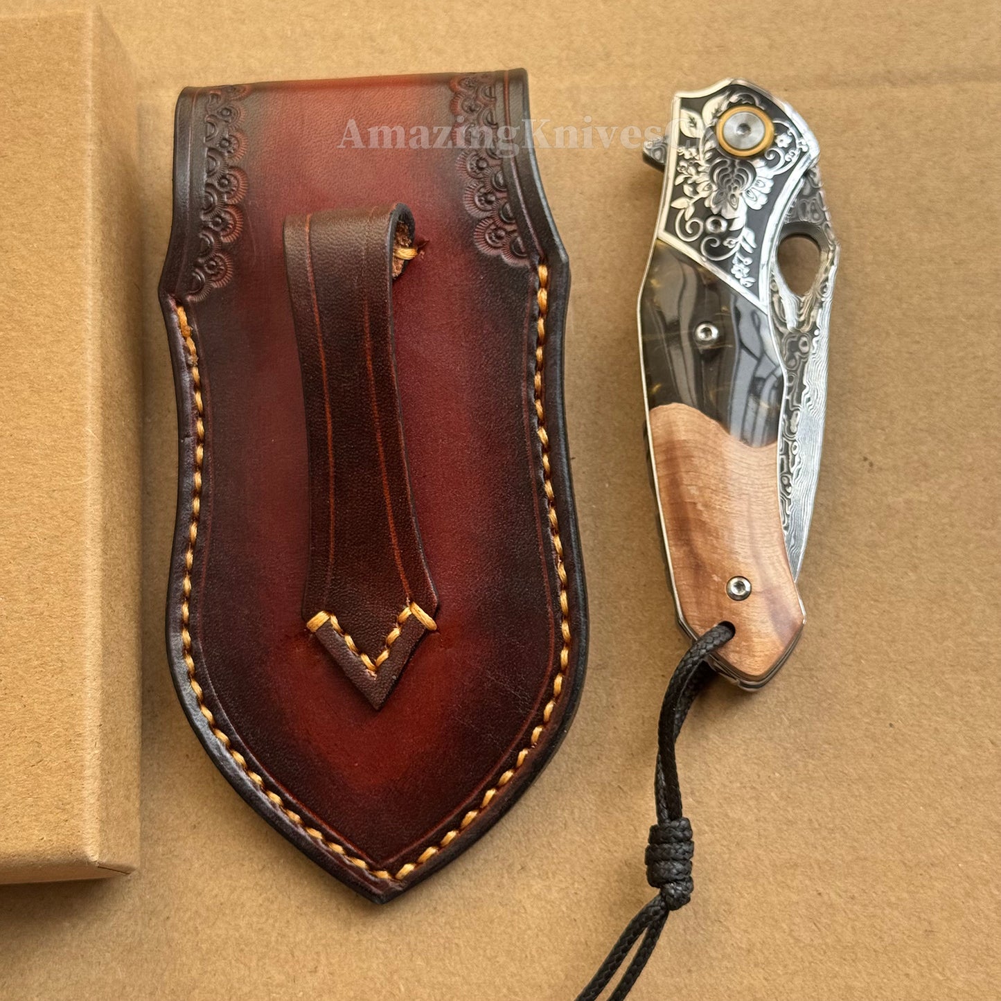 Handcrafted Damascus Folding Knife – VG10 Core | Exquisite Resin & Burl Wood Handle | EDC / Gift-Ready - AK-HT0997