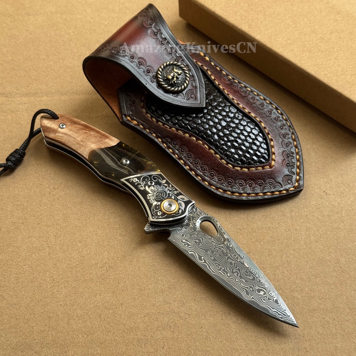 Handcrafted Damascus Folding Knife – VG10 Core | Exquisite Resin & Burl Wood Handle | EDC / Gift-Ready - AK-HT0997