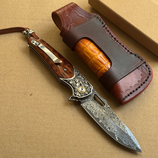 Bamboo Eye – VG10 Damascus Pocket Knife Snakewood Handle with Clip - AK-HT1006