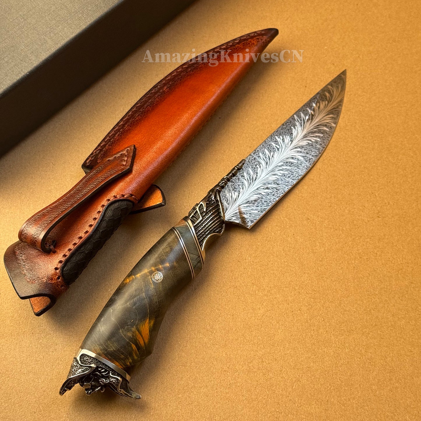 Collectible Feather Damascus Knife with Handmade Italian Snakeskin Leather Sheath - AK-HT1007