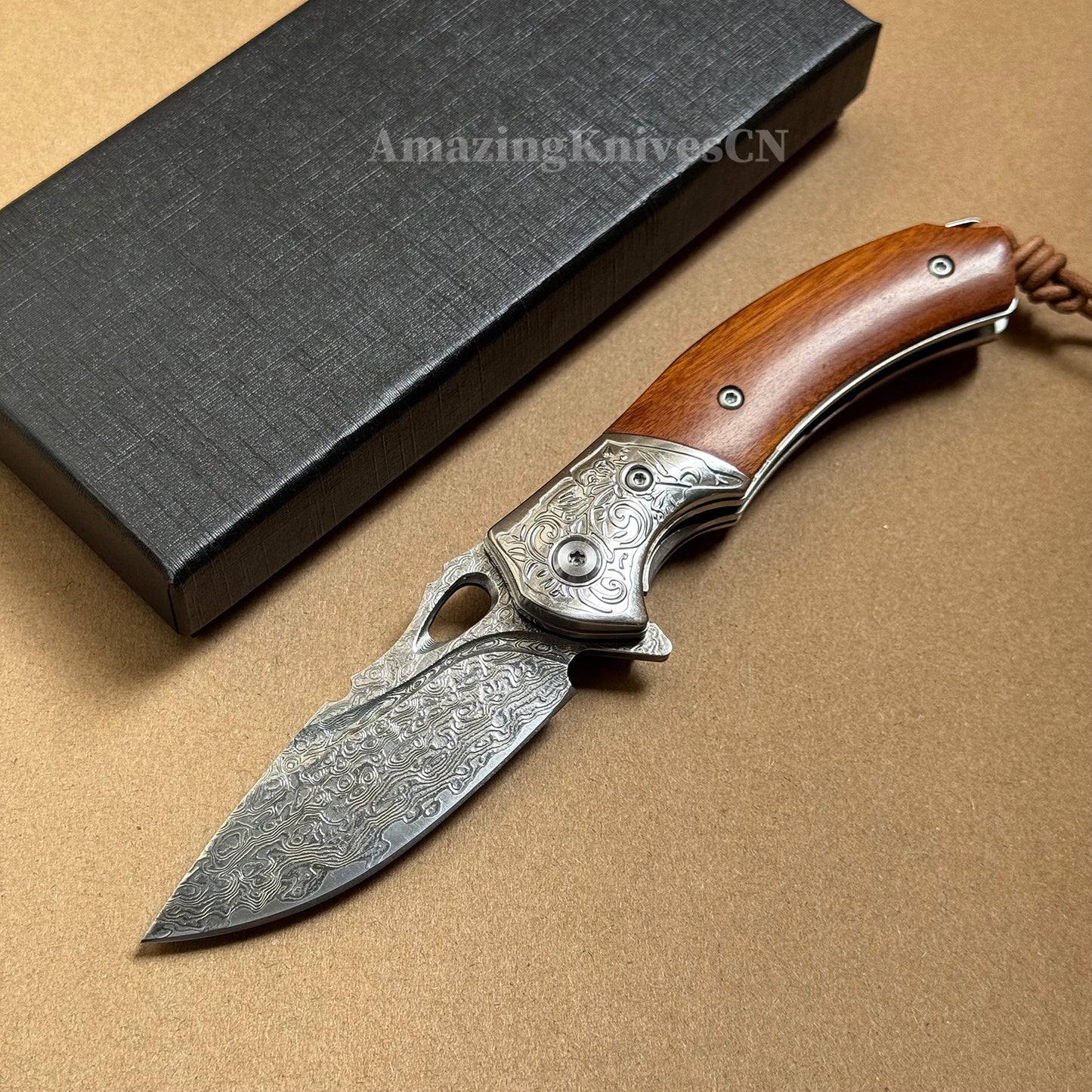 VG10 Damascus Steel Pocket Knife Desert Ironwood Handle Ball Bearing with Clip - AK-HT1012