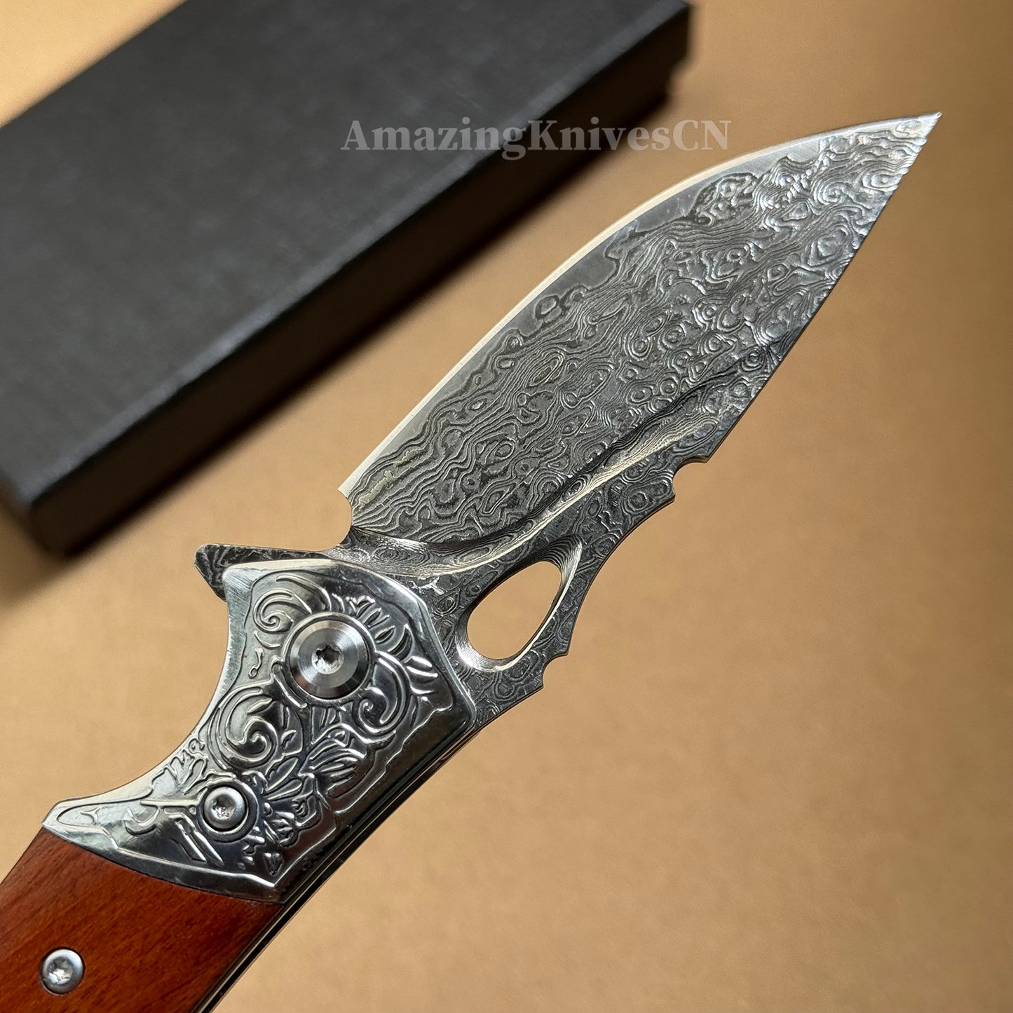VG10 Damascus Steel Pocket Knife Desert Ironwood Handle Ball Bearing with Clip - AK-HT1012