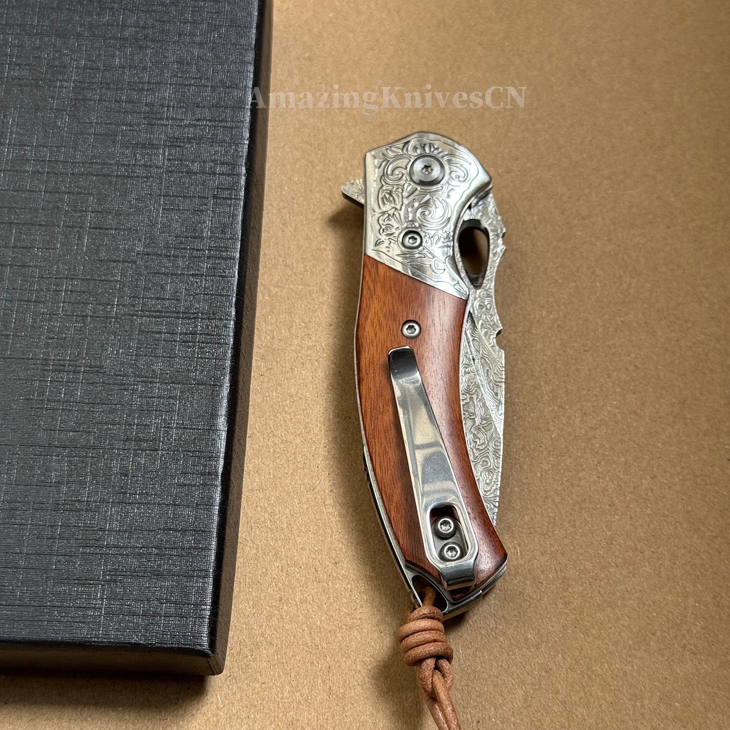 VG10 Damascus Steel Pocket Knife Desert Ironwood Handle Ball Bearing with Clip - AK-HT1012