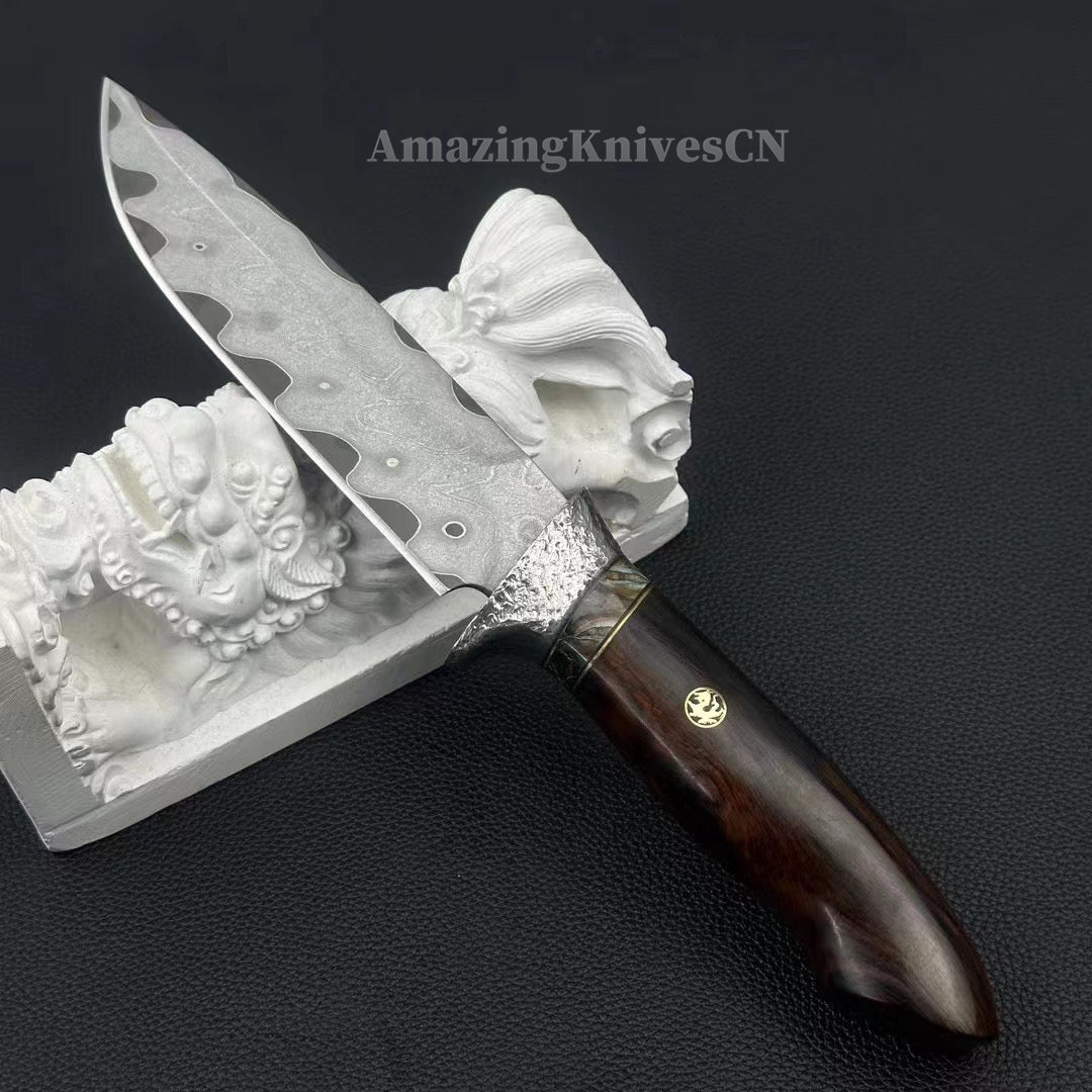 Rare Handforged Damascus Steel Ironwood Straight Hunting Outdoor Knife with Sheath- AK-HT0652-U
