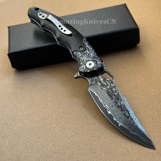 Handmade Damascus Steel Pocket Knife Ebony Wood Handle Ball Bearing Pivot - AK-HT1005