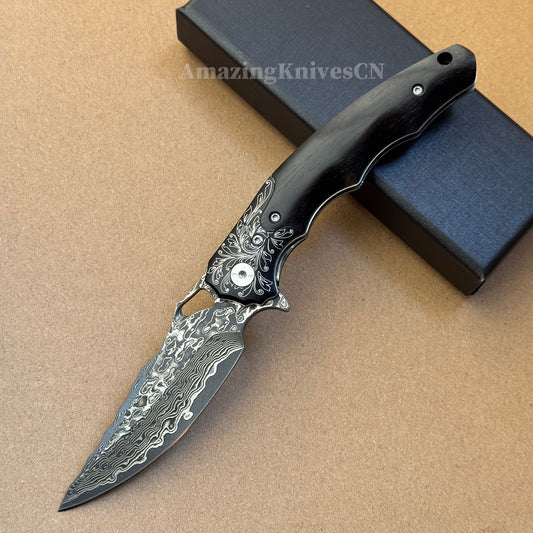 Handmade Damascus Steel Pocket Knife Ebony Wood Handle Ball Bearing Pivot - AK-HT1005