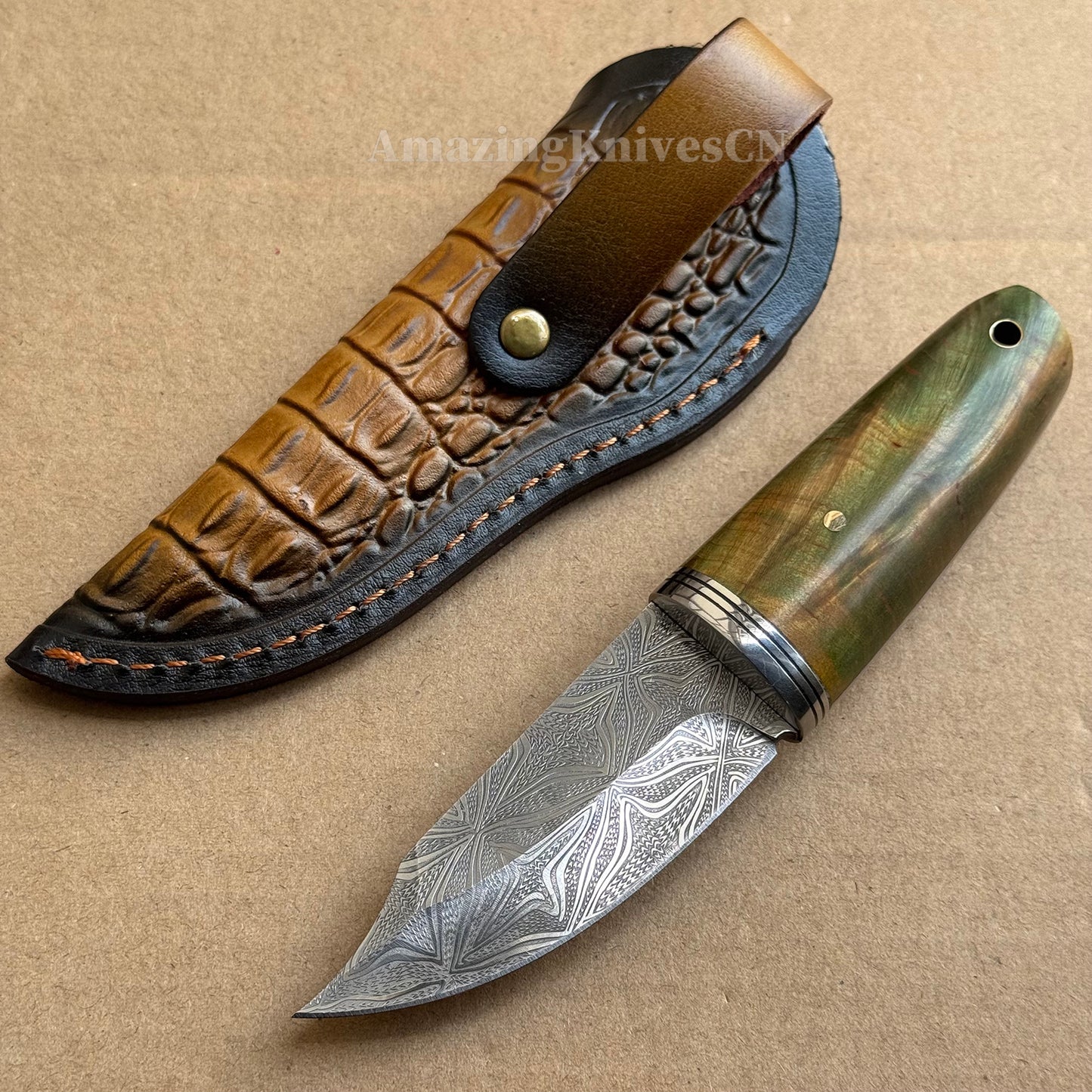 Collectible Stainless Steel Utility Knife Fixed Blade Wood Handle w/ Sheath - AK-HT0970