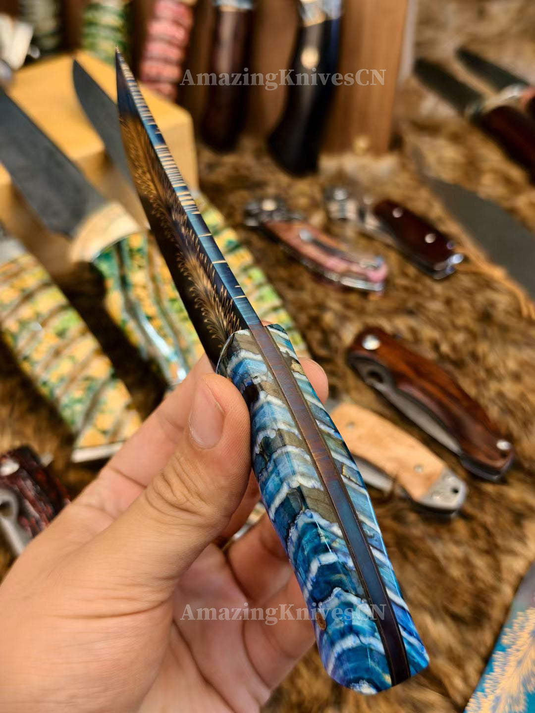 High End Collectible Handmade Feather Damascus Steel Knife Full Tang - AK-HT1000