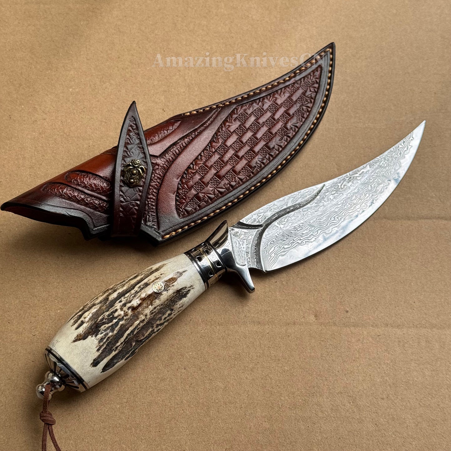 Damascus Survival knife Bowie Knife Hunting Knife Fixed Blade Stag Antler Sheath - AK-HT0746