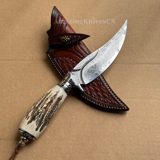 Damascus Survival knife Bowie Knife Hunting Knife Fixed Blade Stag Antler Sheath - AK-HT0746